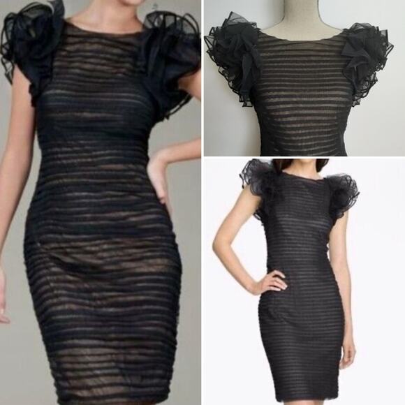 Tadashi Shoji $398 Womens Ruffle Shoulder Detail Cocktail Dress Black sz 8 31914 - Picture 1 of 16